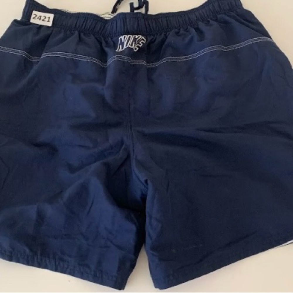 💫Nike Running Swim Trunks Shorts Mesh Navy Blue Swoosh Men's w/Drawstring Vtg